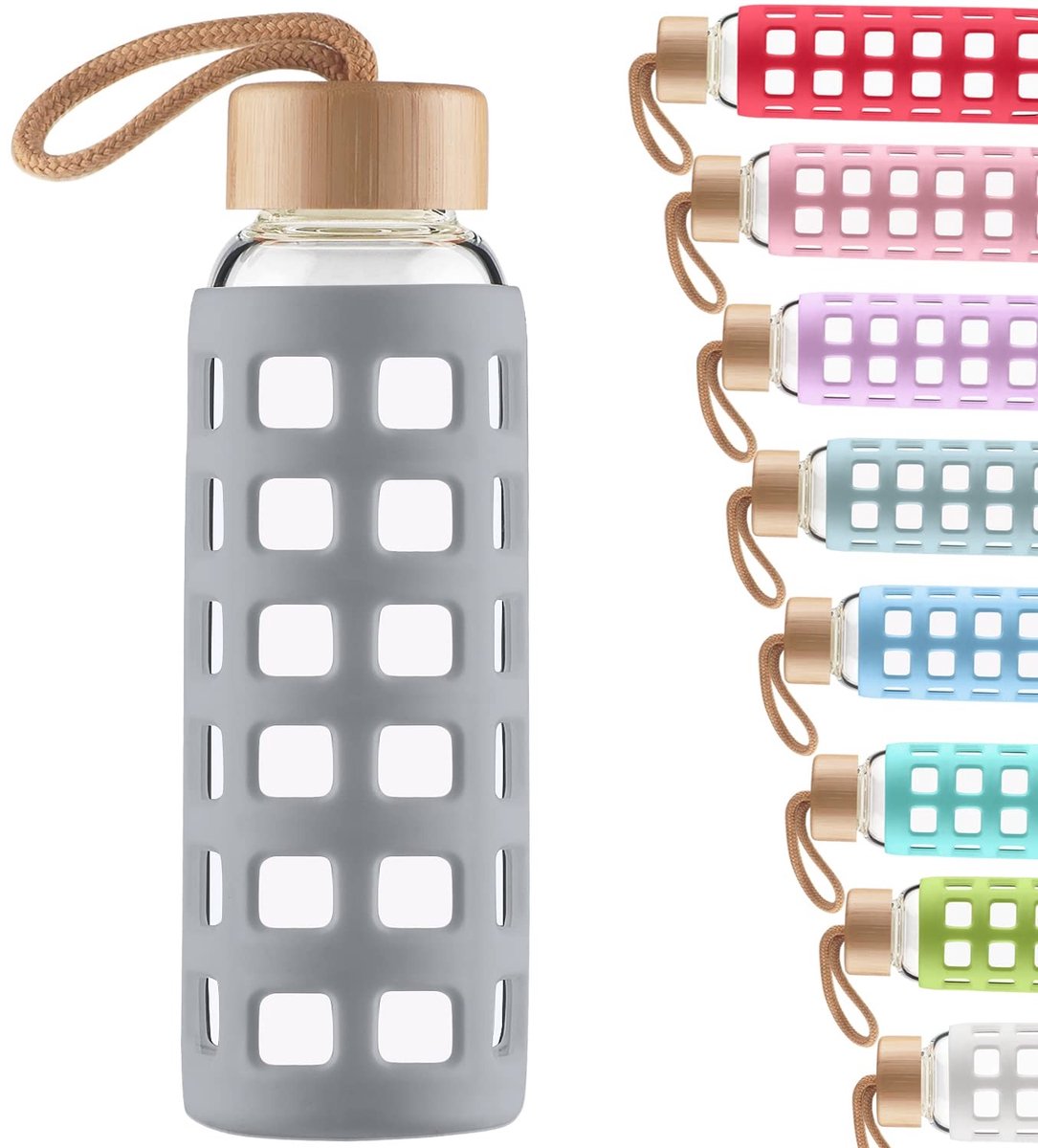 SolidKeus - Sport Drinkfles van Glas met Siliconen Sleeve en Bamboe Deksel 660 ml