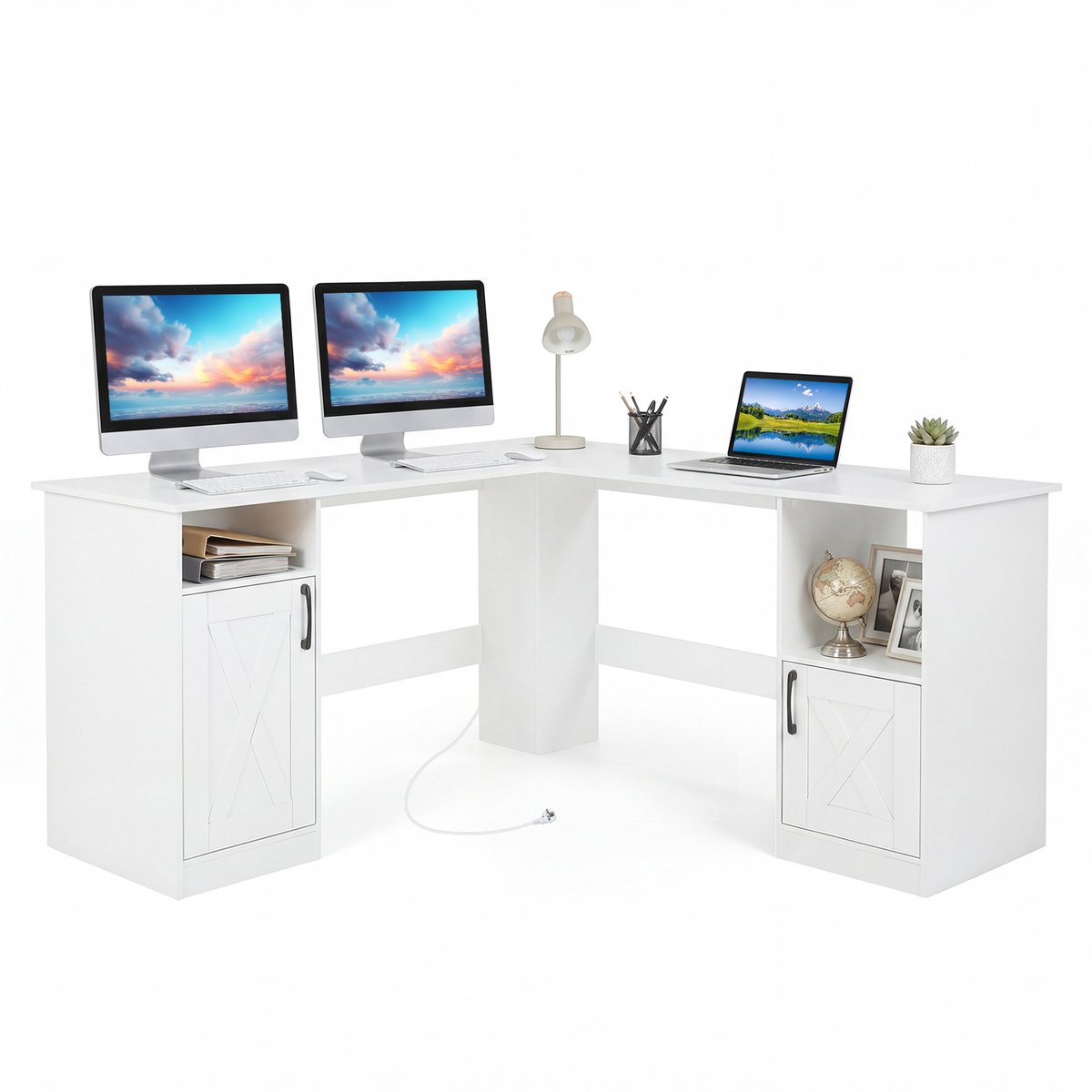 COSTWAY Bureaublad L-vorm met 2 Kasten, 150 x 150 x 76 cm Hoekbureau met Laadstation & 4 Open Planken, Bureau van Hout voor Werkkamer, Kantoor & Thuiswerk, Wit