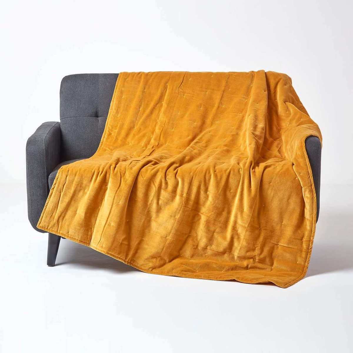 Zachte fluwelen sprei/omslag/omkeerbare deken 125 x 150 cm in geel - 100% katoen en katoenfluweel - ideaal als deken, gezellige deken of bankovertrek, mosterdgeel