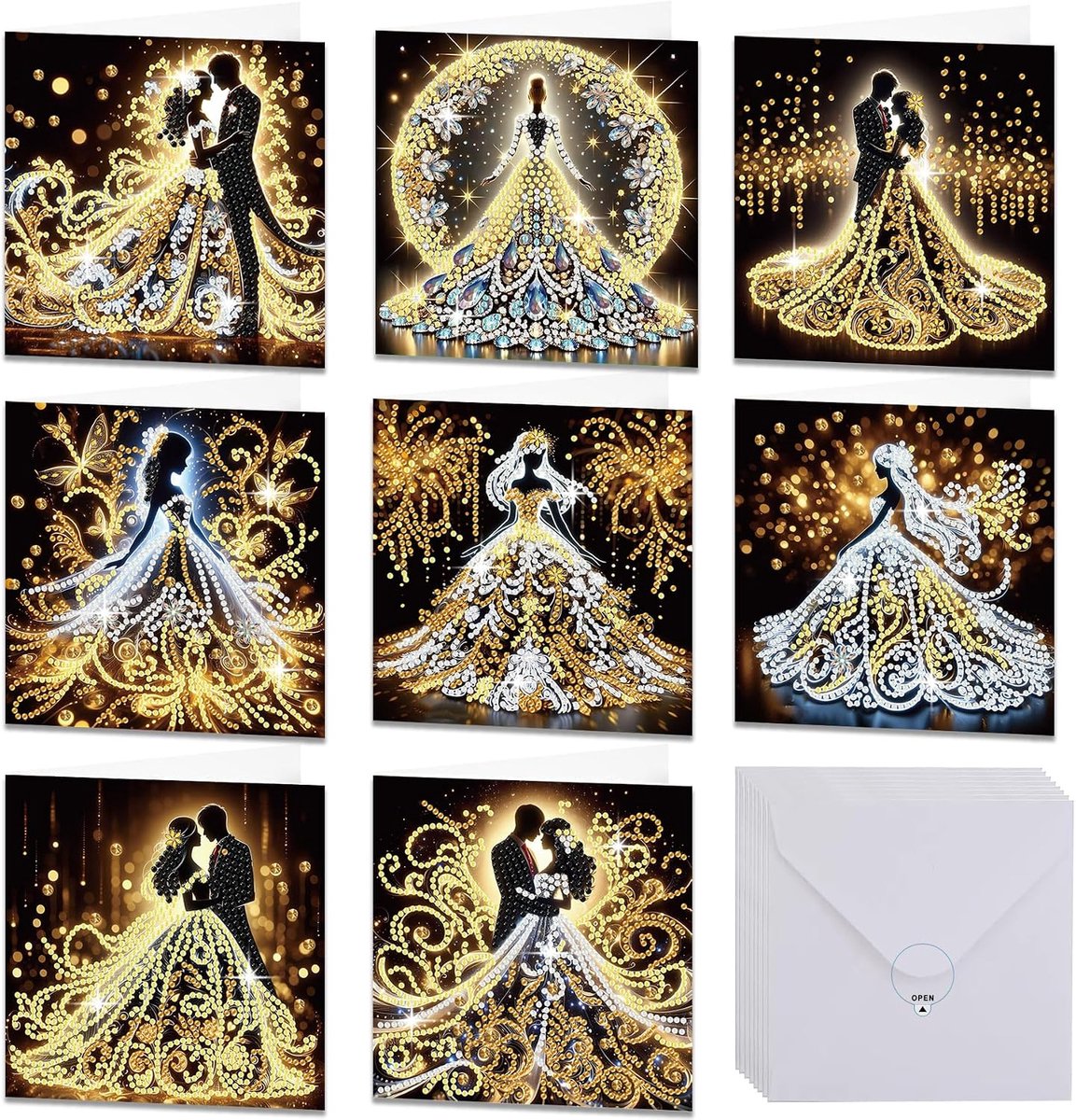 Bruiloftskaarten set diamantschilderij bruidsjurk 5D diamantschilderij wenskaarten met enveloppen voor beginners edelstenen kunstkaarten 8 stuks (bruiloft)