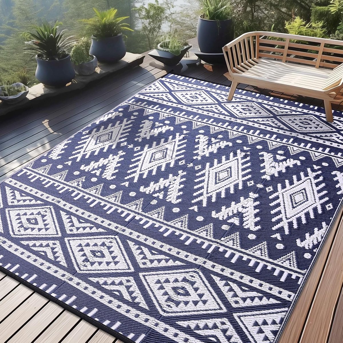 Outdoor tapijt, weerbestendig, kunststof, opvouwbaar, wasbaar, uv-bestendig, omkeerbaar, voor balkon, tuin, terras, camping, picknick, 270 x 360 cm, marineblauw en wit