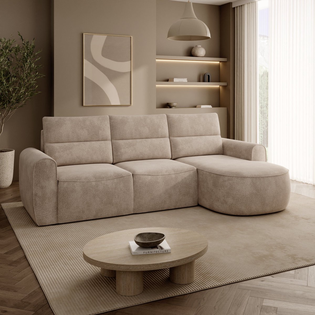 Meubella - Doval - Hoekbank 3-zits - Stof beige - Rechts