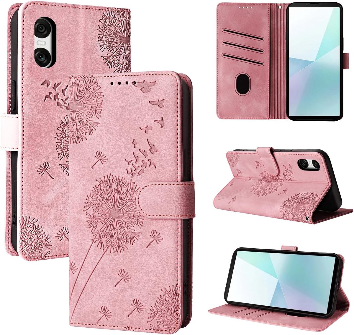 Hoesje voor Sony Xperia 10 VI 5G, paardenbloemhoes, premium PU-lederen flip telefoonhoesje met kaartsleuven voor Sony Xperia 10 VI 5G, roségoud