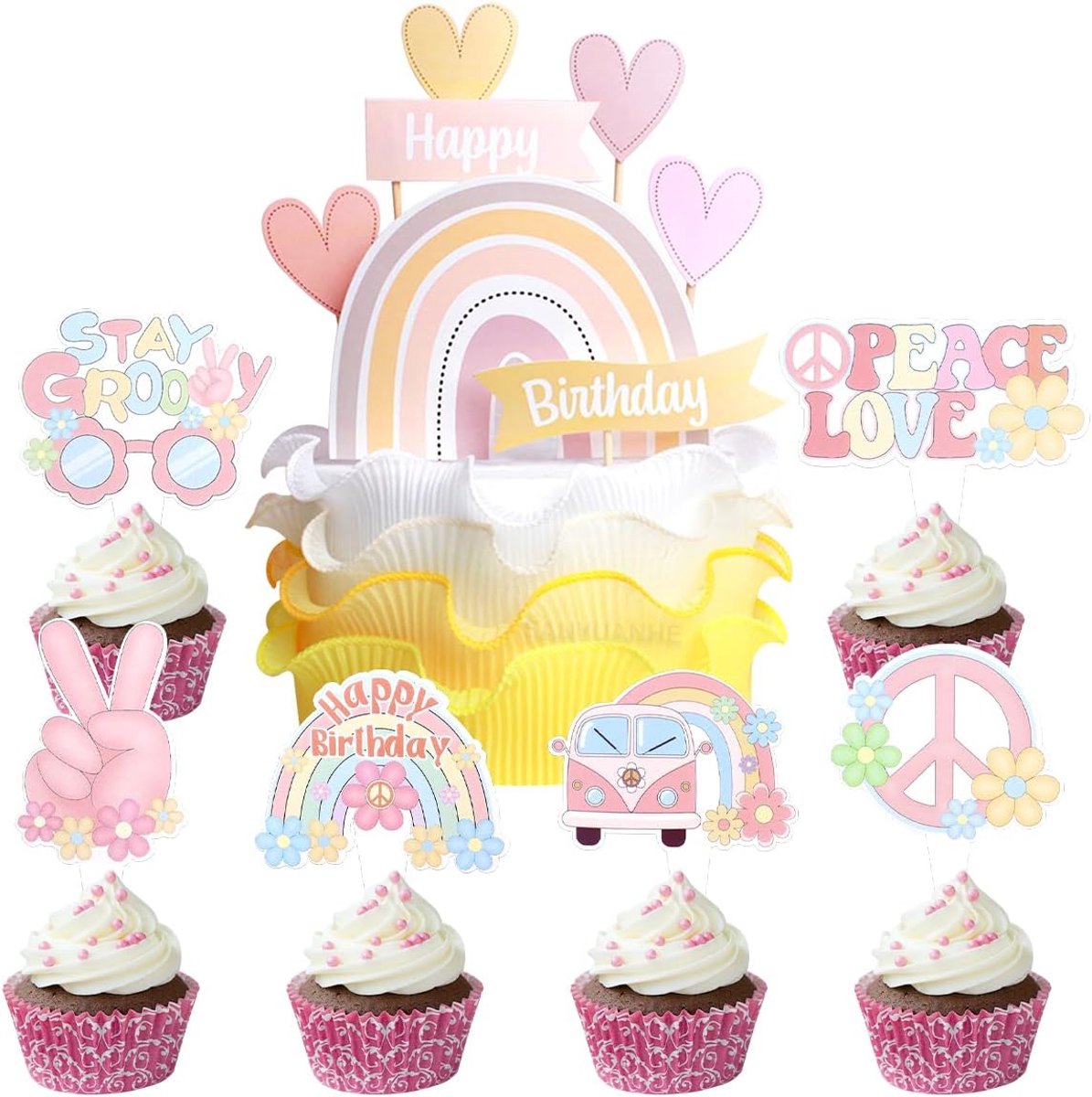 Stijl Regenboog Cakedecoratieset, 31-delige Retro Hippie Verjaardagscakedecoratieset voor Babyshowers en Verjaardagen, Feestdecoratie Voor Kinderverjaardagscakes
