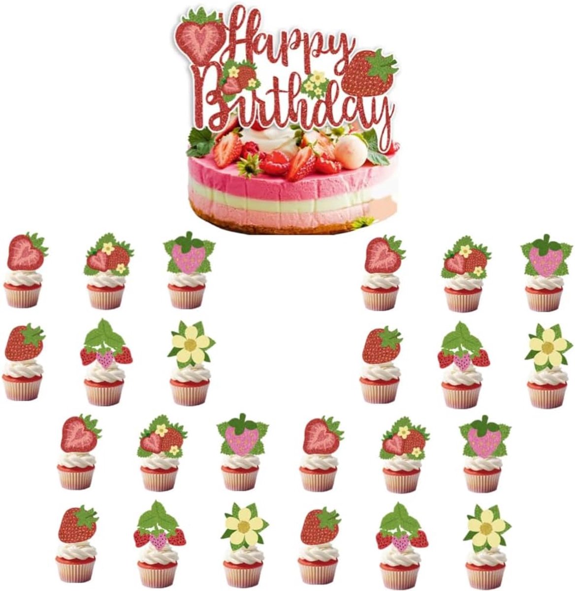Aardbeien, cupcake-toppers, tandenstokervlag, 25 stuks, verjaardagstaartdecoraties voor kinderen, verjaardag, babyshower, verjaardagsfeest, bruiloft