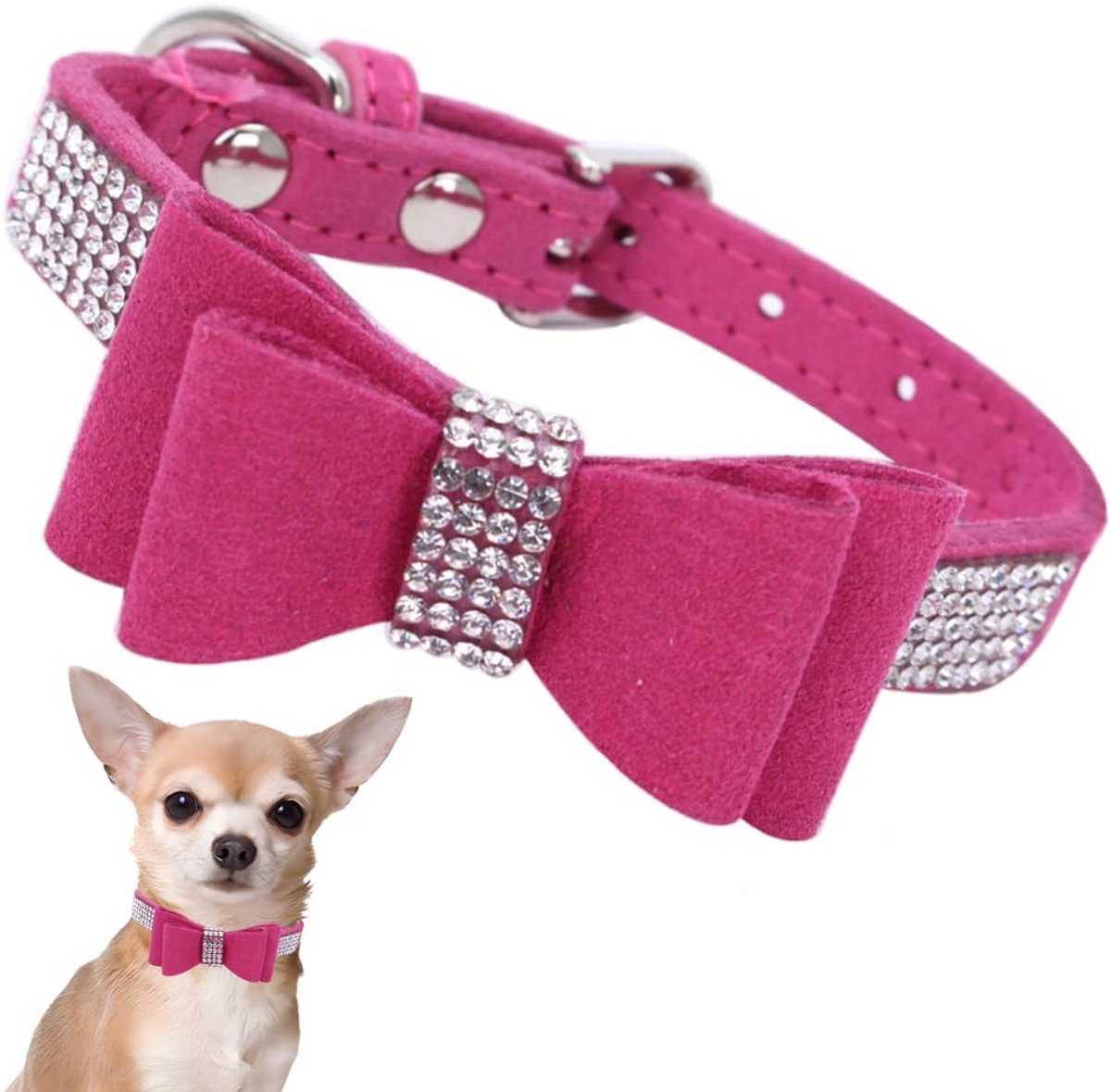 Hondenhalsband voor kleine honden met vlinderdas, puppy met strass, parels, glitter, kristallen, stenen, meisjes, halsband, kat, hond, strassteentjes, warm roze, XXS