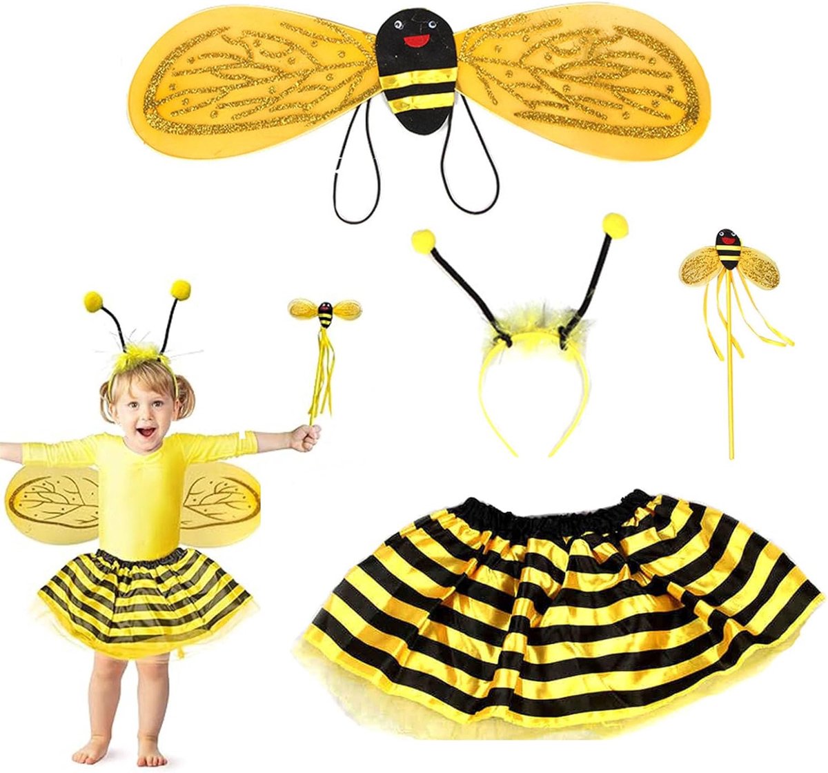 Bijenkostuum voor kinderen, 4 stuks, prinses, tutu, carnavalskostuum voor kinderen, hommelfeestaccessoires, carnaval, feestkostuum, Halloween, cosplay (2-5 jaar)