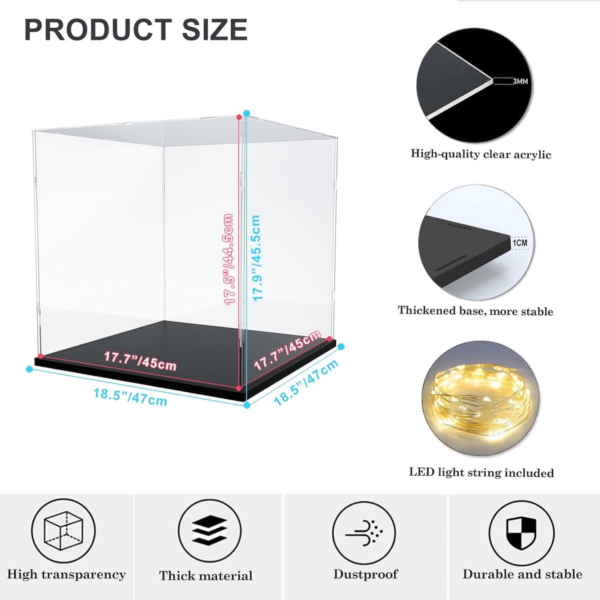 Vitrinekast voor Verzamelobjecten, Grote Vitrinekasten voor Lego 21318 21323 76435, Zelfmontage Plexiglas Doos met Basis voor Figuren, Speelgoed Model, 45x45x44.5 cm, Zwart