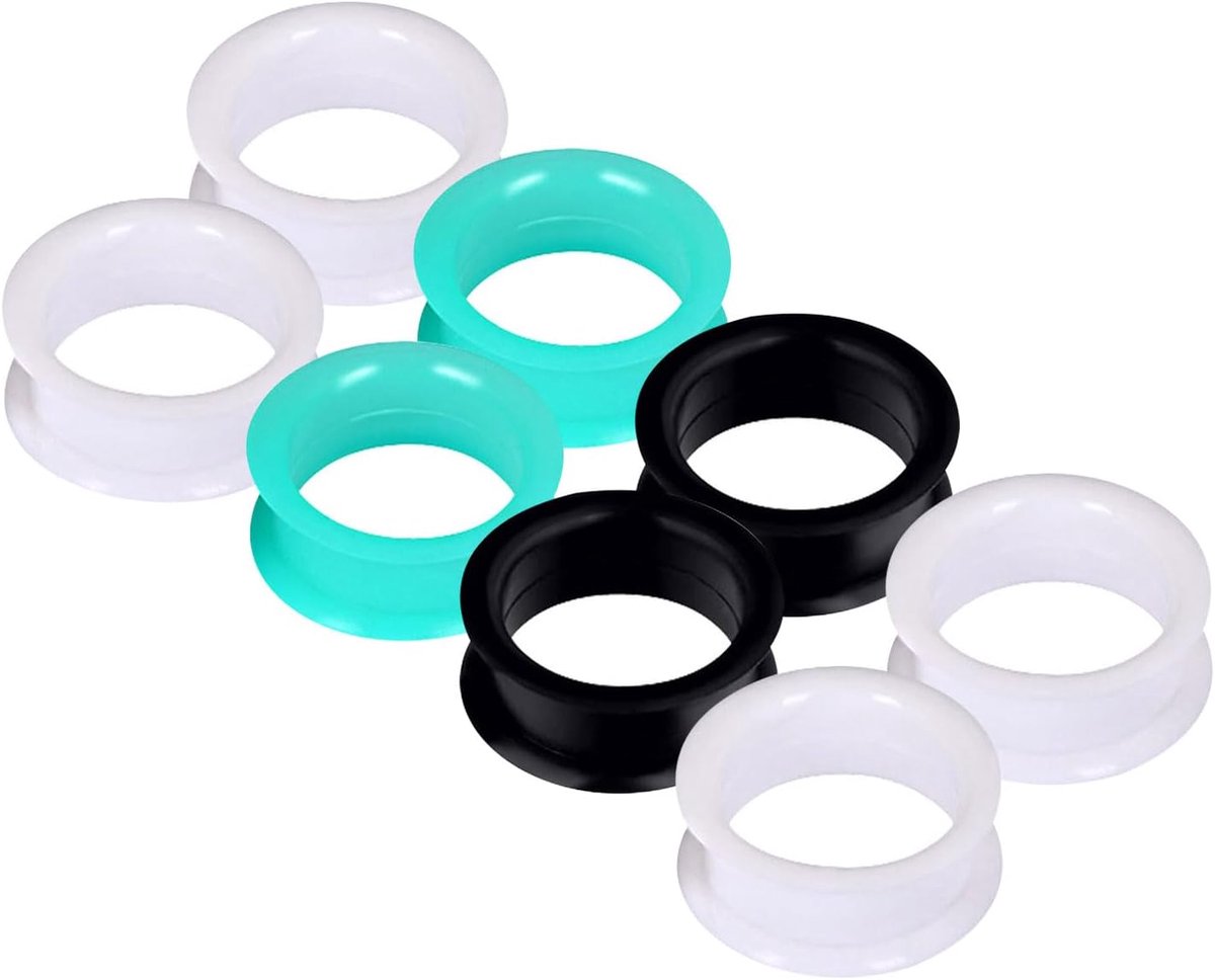 Set van 8 zachte siliconen oortunnels, zwart, wit, turquoise, piercing oorringen, 6 mm, 8 mm, 10 mm, 12 mm, 14 mm, 16 mm