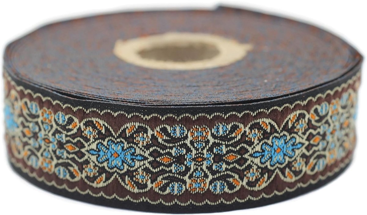 Jacquard Lint Weeft Bruin en Blauw Imperial Garden 10 m x 25 mm - Rollen Borduurband voor Naaien Decoratie 25939-V5