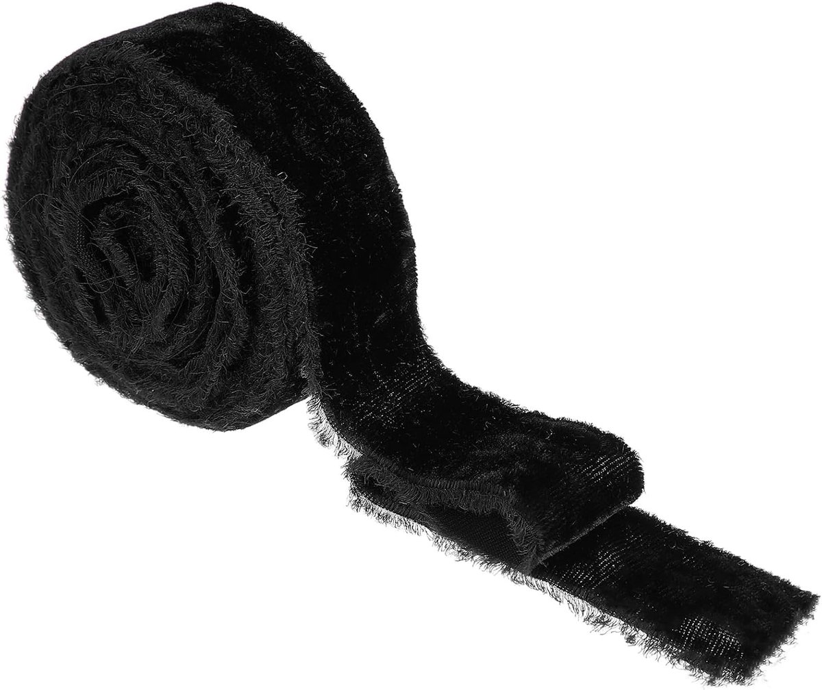 Fluwelen lint, 2,5 cm x 5,5 meter breed, handgemaakt, gerafelde ruwe rand, dikke franjeslint met brede franjes, stoffen linten voor geschenkverpakking, bruiloftsboeket, kerstdecoratie, zwart