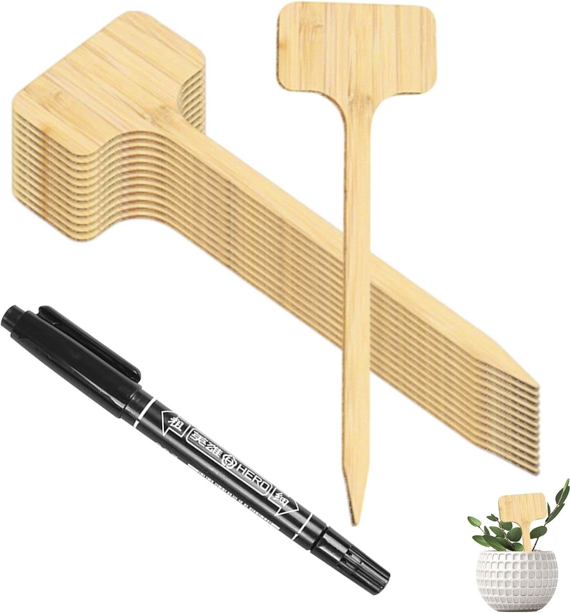 Plantenbordjes Bamboe - Etiketten Tuin - Planten Identificeren - T-vormig Ontwerp - 30 stuks 18 cm - Natuurlijk Hout