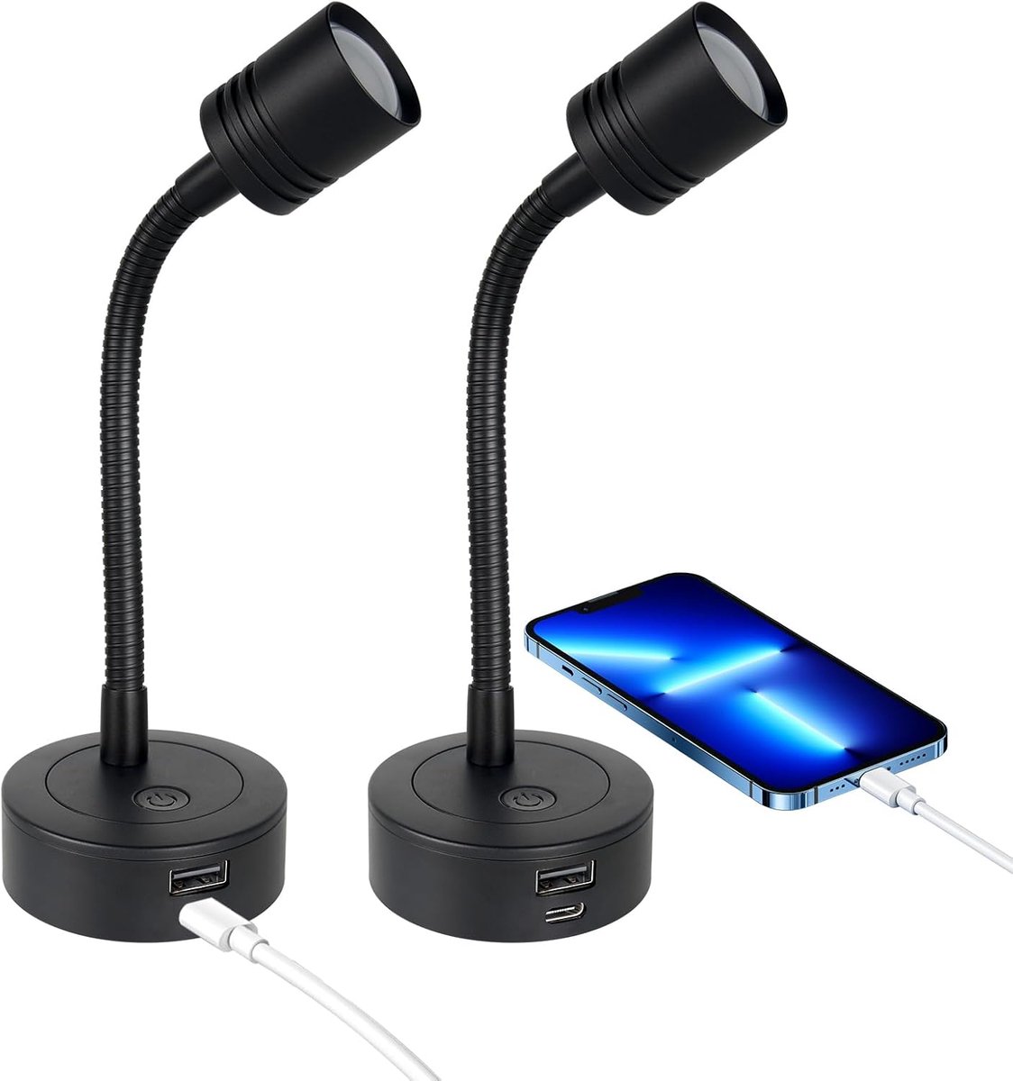 12V Leeslamp Camper Flexibele Spot, 3200K (Dimbaar) & Zacht Rood Nachtlicht, Uitgerust met USB-A- & USB-C-poort Wandlamp voor Camper Caravan Boot (Zwart)