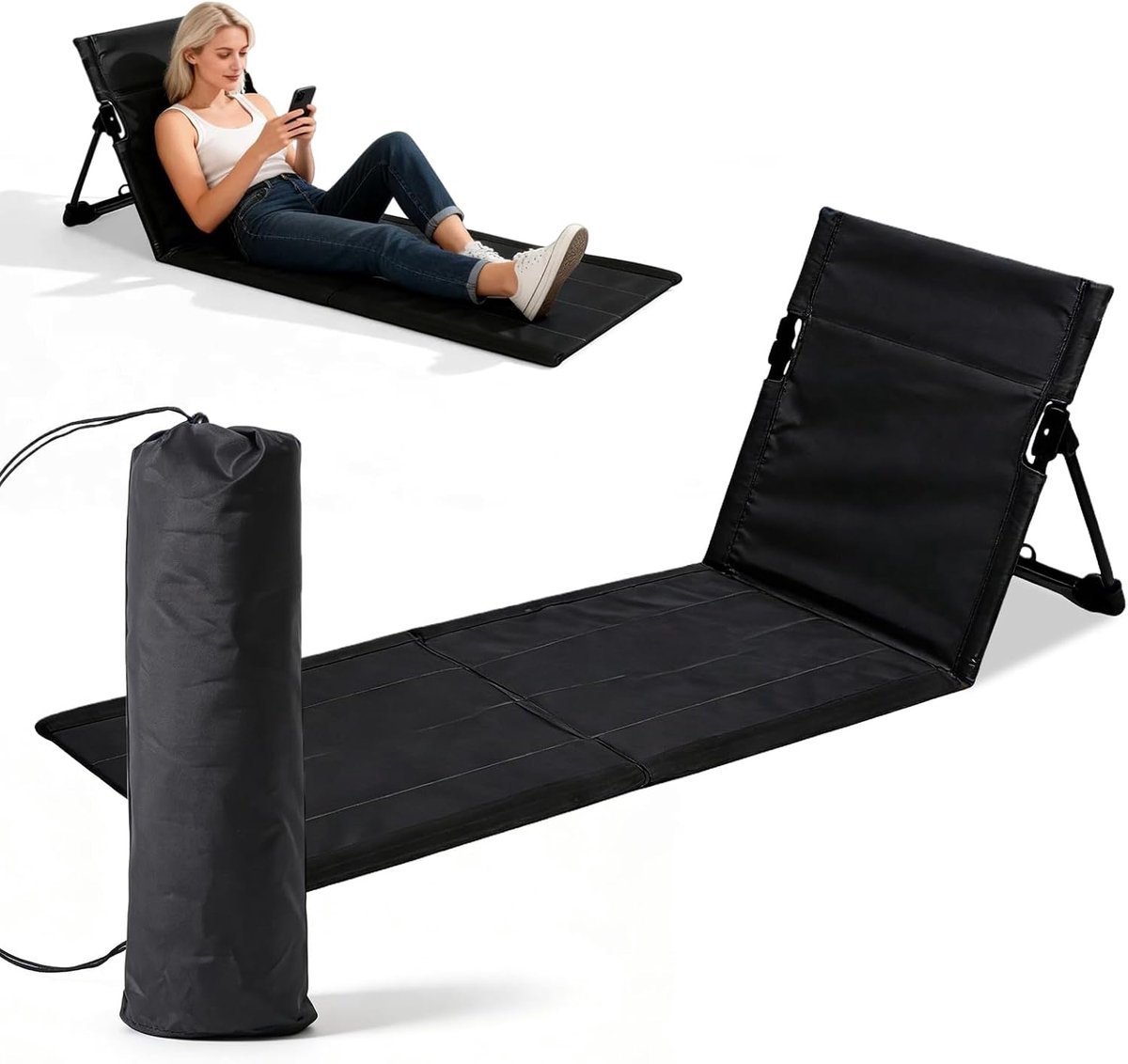 Strandmat met rugleuning, 40,5 x 79 x 39 cm, opvouwbare strandstoel en vloerligstoel, outdoor, opvouwbare ligstoel voor tuin, picknick, camping, strand (zwart)