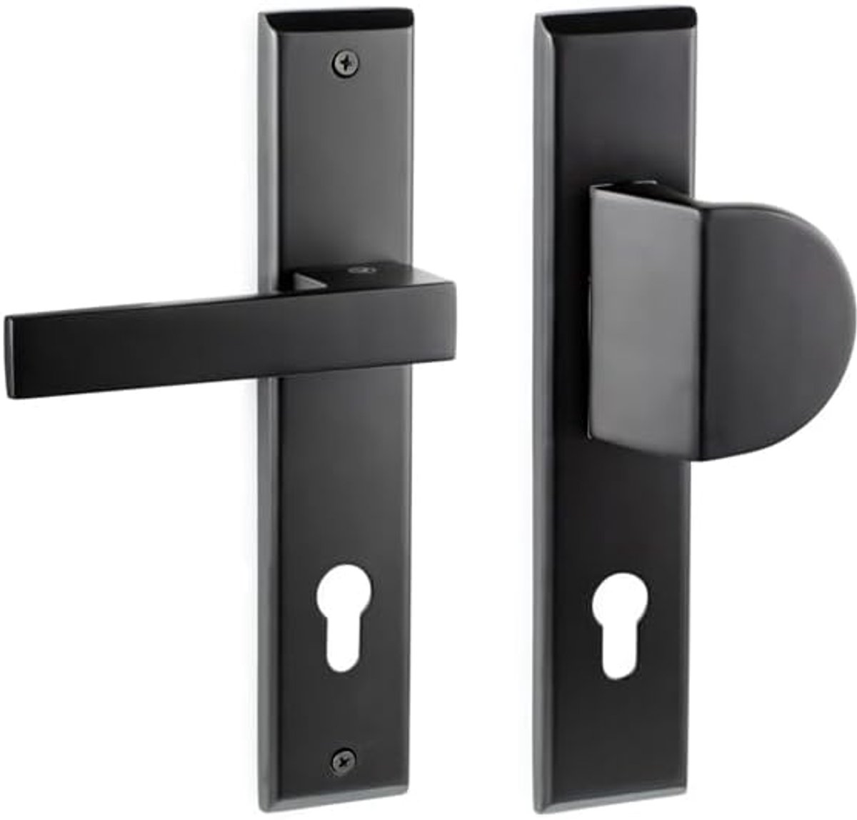 deurklink voor buitendeuren met drukknop, moderne deurkrukset, mat zwart, lang schild, krukgarnituur, 90 mm professionele cilinder (zwart, rechts drukknop met knop)
