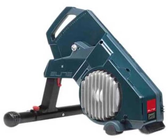 Elite fietstrainer met Smart Fluid logo, blauwe behuizing en zilveren koelribben.