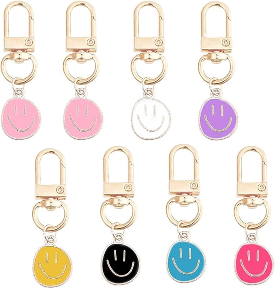 Pakket van 8 Sleutelhanger, Lachend Gezichtsuitdrukking Legering Leuke Happy Sleutelring met Kleurrijke Emaille Hangers voor Handtas Portemonnee Rugzak Decor