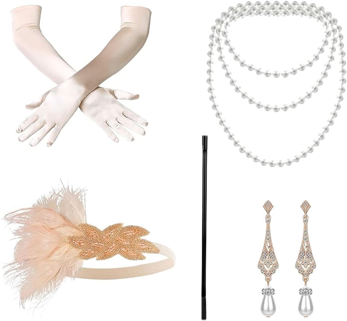 20-accessoireset voor dames, kostuum voor dames, flapper accessoires, kostuumaccessoires, inclusief hoofdband, halsketting, handheld-rekwisieten en handschoenen