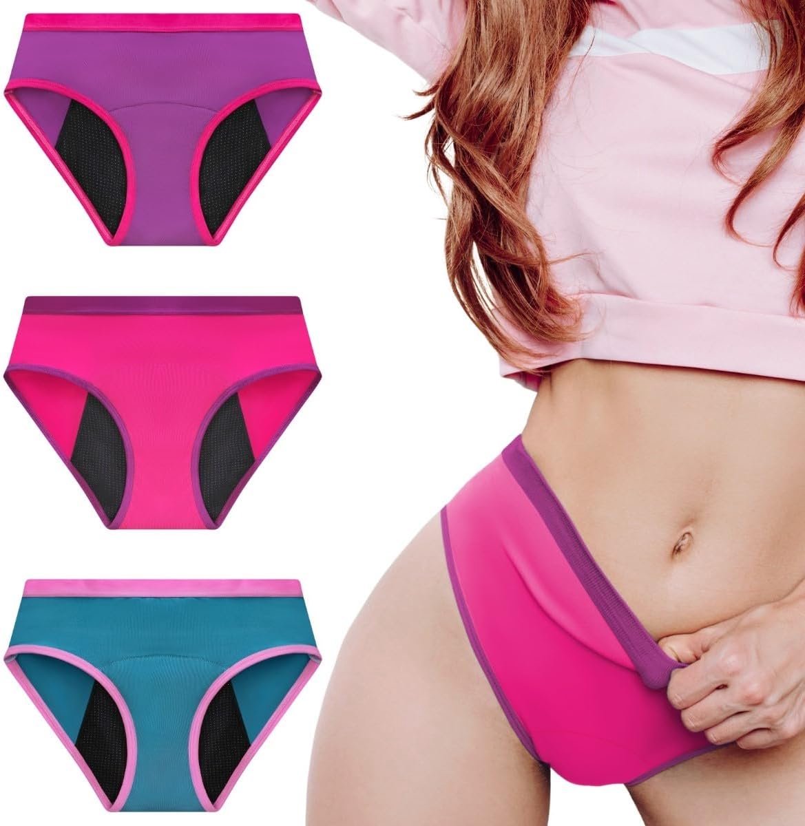 3x Menstruatie Ondergoed voor Tienermeisjes, Bamboevezel | Honingraatabsorptie, Ademend, Antibacterieel | Milieuvriendelijk Herbruikbaar | Tieners, Adolescenten | Zware & Lichte vloed