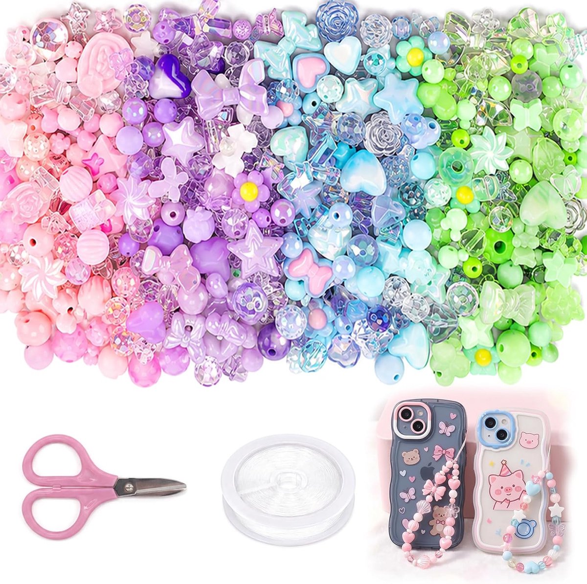 Kralen, bedelset, 4 kleuren, Kawaii armbandhanger, doe-het-zelf knutselkralen met schaar en koord, sieradenkralen voor armband, halsketting, sleutelhanger