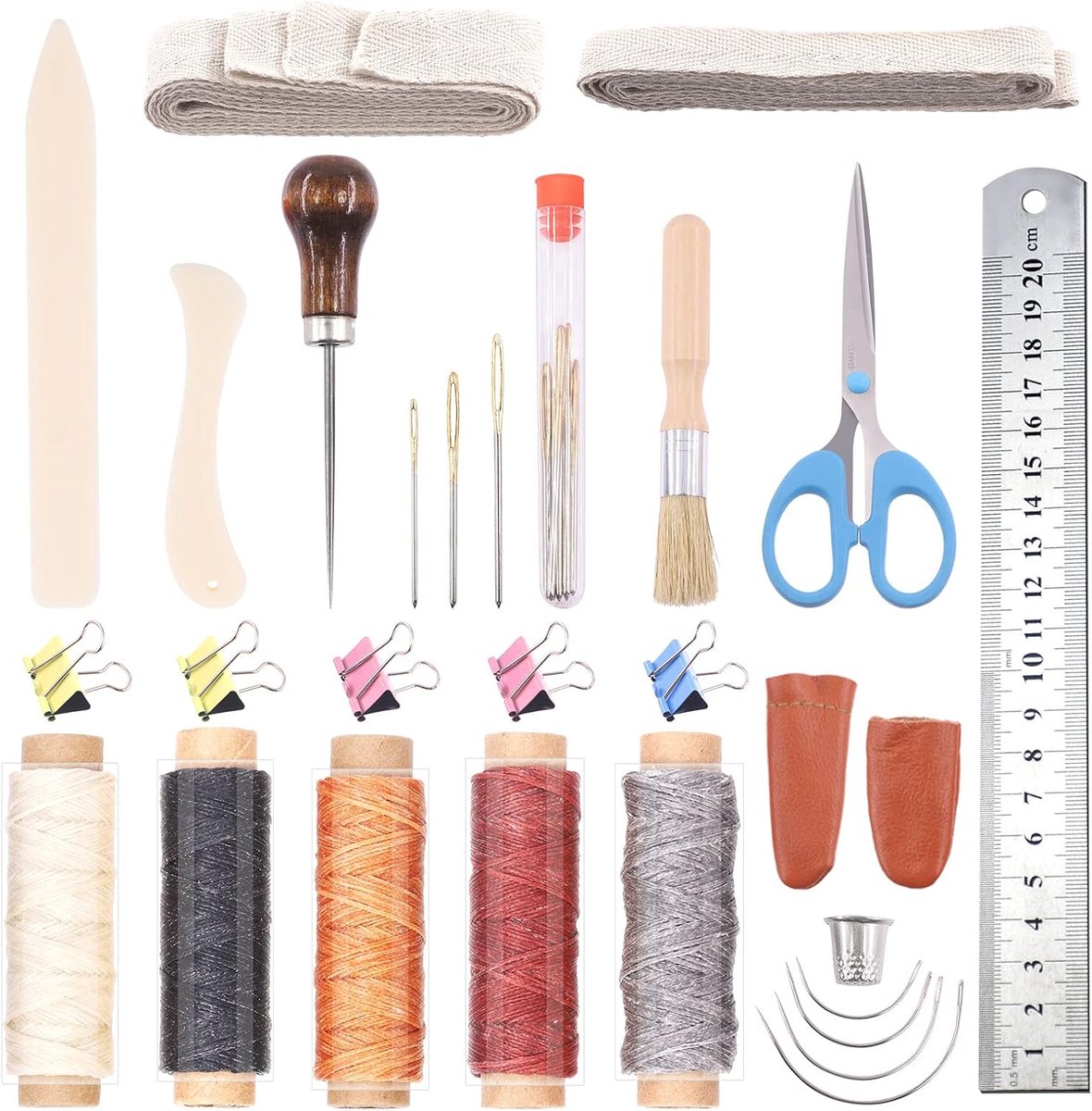 23-delige boekbindset, inclusief echte beenschepvouw, papierpriem, naalden met grote oogjes, bindlint, gewaxt touw, stalen liniaal, lijmpense voor DIY boekbindwerk en naaibenodigdheden