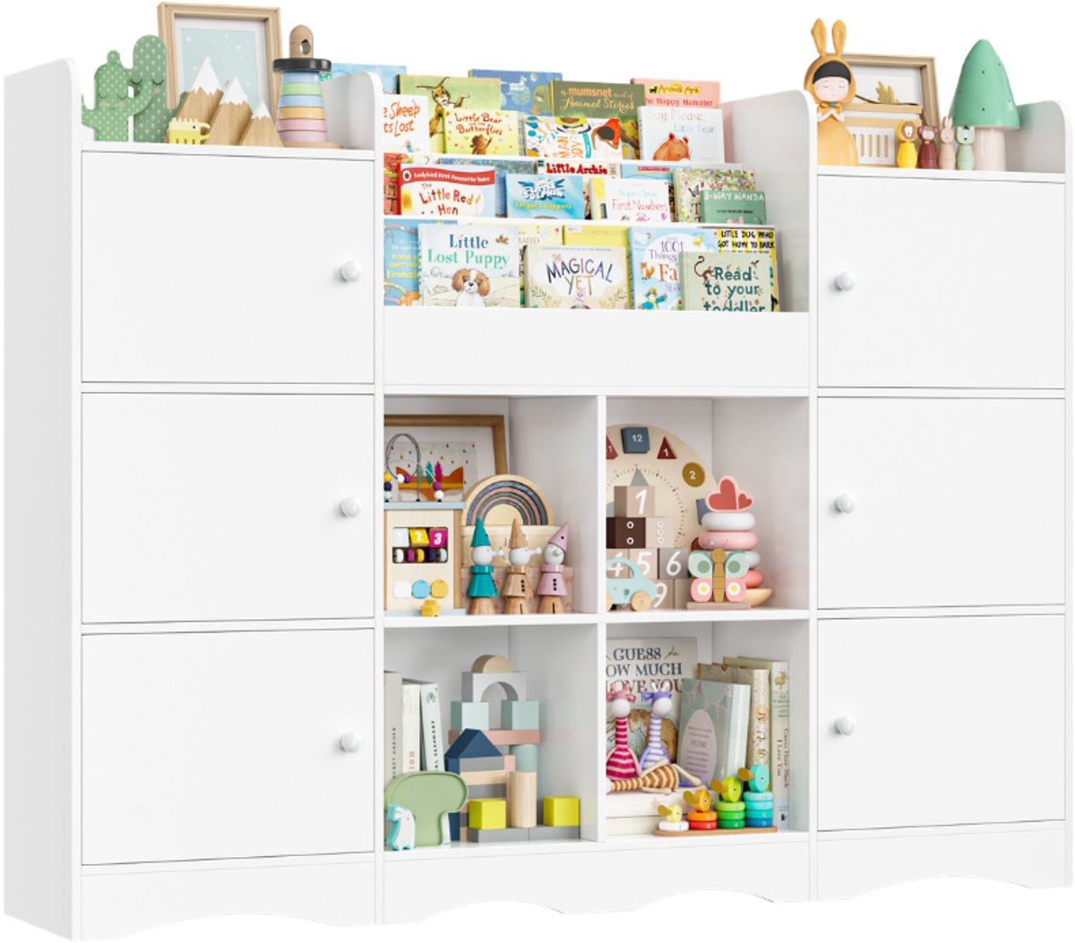 Getone Kinderopbergkast – Voor Speelkamer en Kinderkamer – 6 Deuren & 6 Open Vakken, Kinderboekenplank, Opbergmeubel – Wit/Houtkleur, 140x30x106 cm