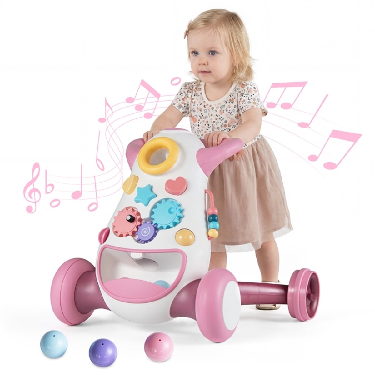 COSTWAY Loopwagen voor baby's, loophulp met muziek en licht, loophulp met vormsorteerder, tandwielen, werpspel en opbergruimte achter, loopwagen voor kinderen van 10-36 maanden (roze)