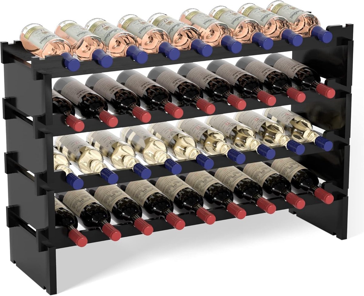 Bamboe wijnrek, stapelbaar, vrijstaand wijnrek voor 36 flessen, montage zonder gereedschap, 4 niveaus, wijnrek voor keuken, bar, eetkamer, kelder, zwart