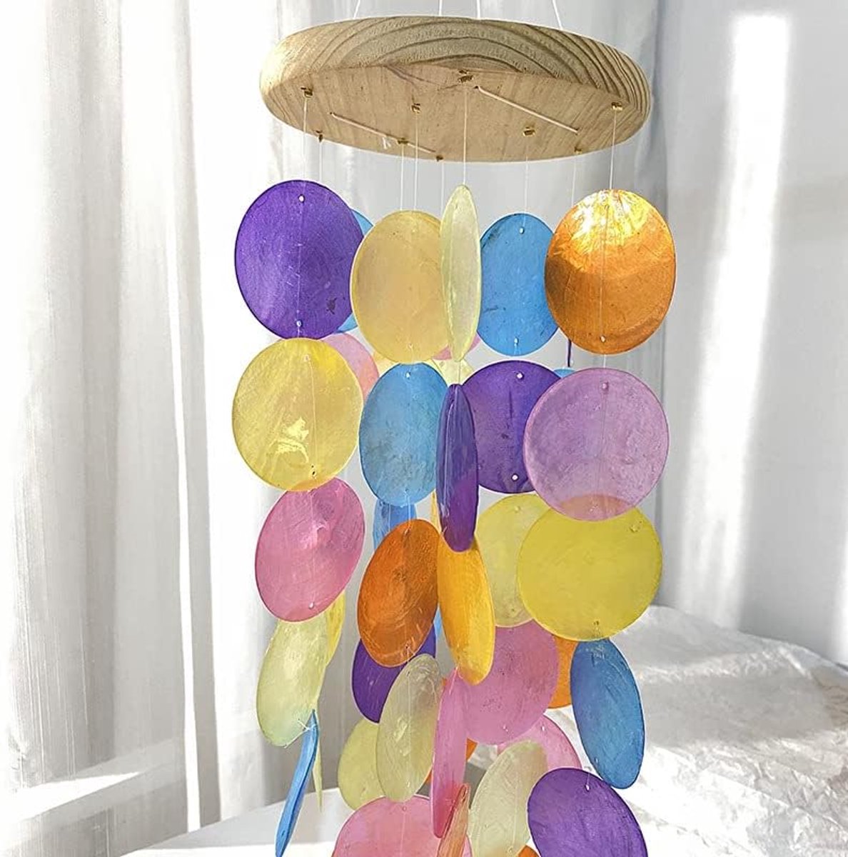Windspel, boho decoratieve schelp dromenvanger parelmoer windgong tuindecoratie 60 x 40 x 13 cm Capiz schelp ketting slinger hangende decoratie voor raam of decoratie woonkamer tuin decoratie