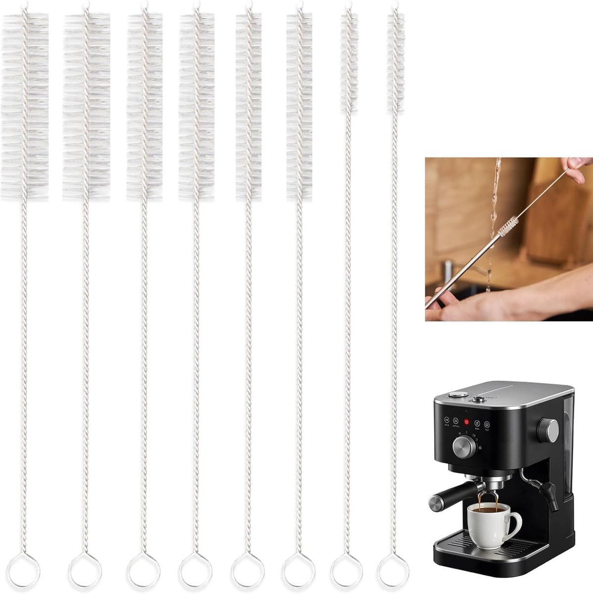 8-delige flessenreinigingsborstelset, 21 cm, reageerbuisborstel, roestvrij staal, reinigingsborstel voor koffiezetapparaten, rietjes, spleetreinigingsbuizen