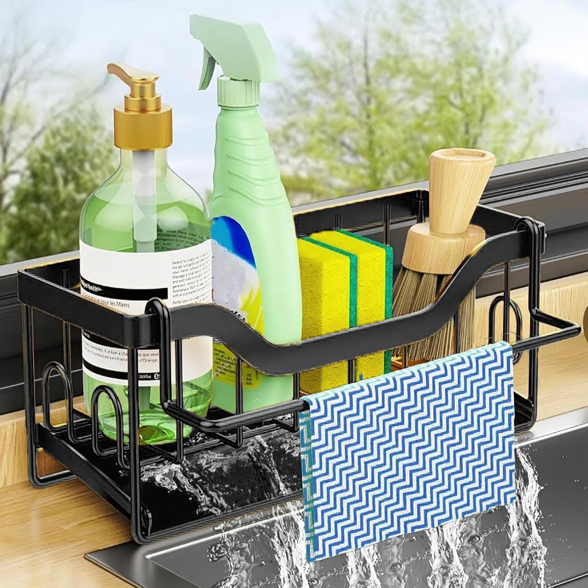 Sink Organizer RVS Spons Houder met Automatische Drainage Tray en Afneembare Rag Rack