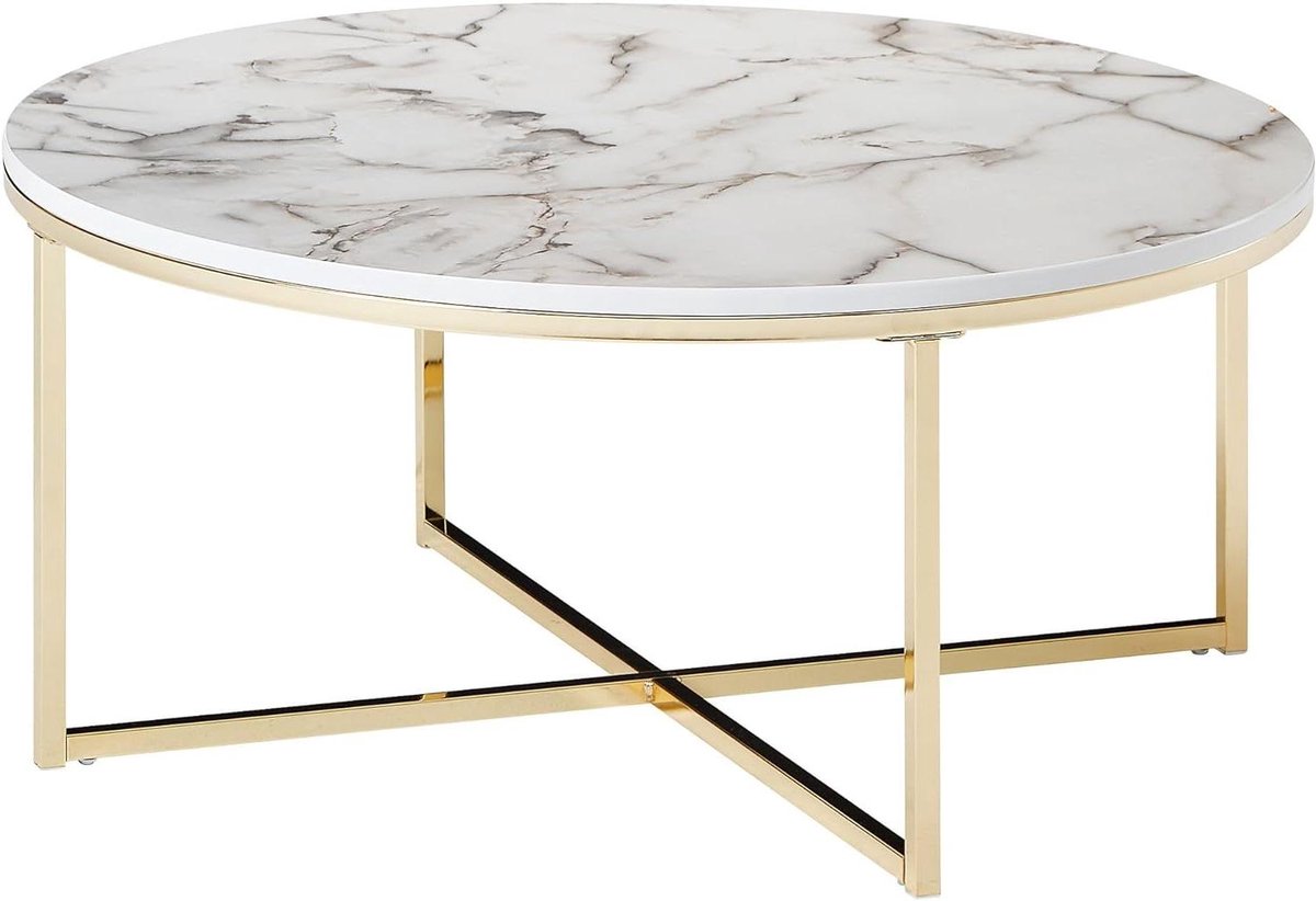 Salontafel Rond - Bijzettafel Woonkamer - Meubilair Plaatsen - Marmerlook Blad - 80 x 80 x 35 cm - Wit