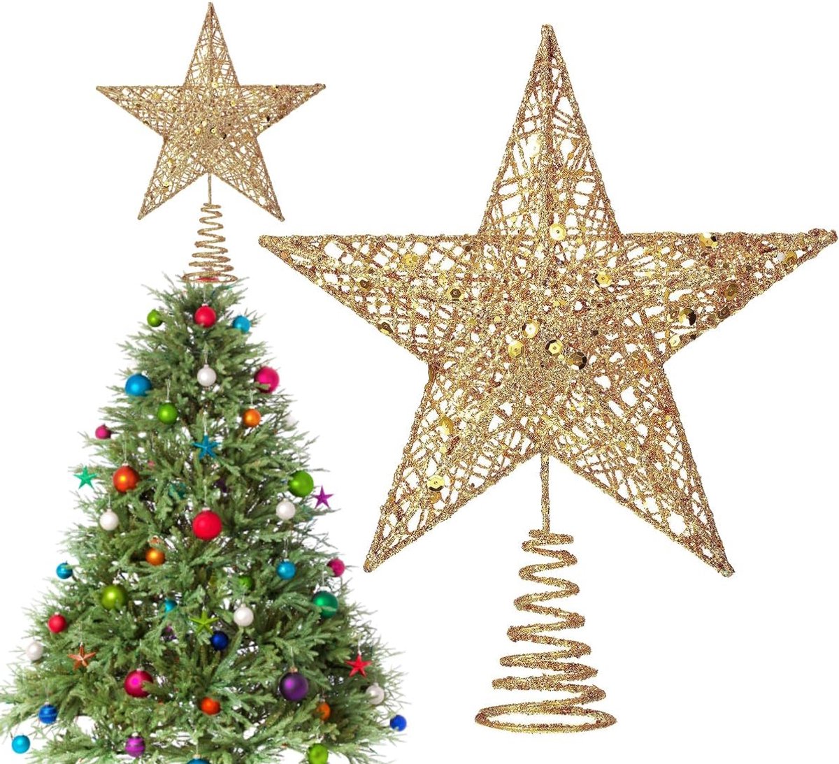 Goud Metaal – Fonkelende Dennenboomster Goud met 3D Glitter-Effect | Lichte & Stabiele Kerstboom Ster voor Feestelijke Decoratie, 22cm Kerstdecoratie