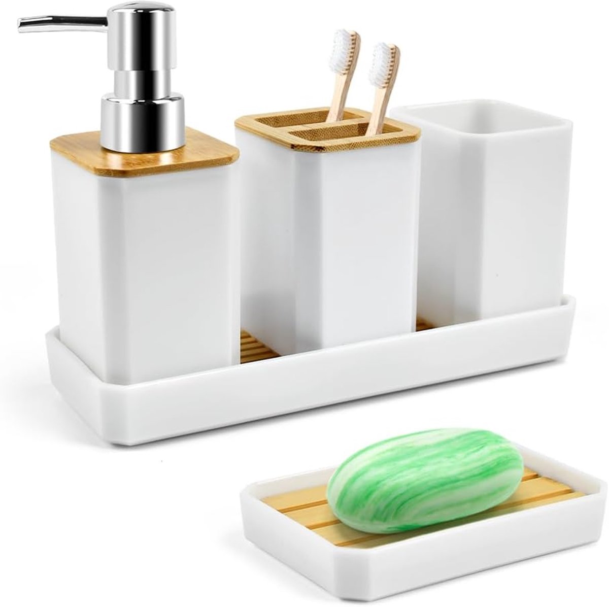 Moderne badkameraccessoireset, 5-delig, zeepdispenser, douchezeephouder, tandenborstelhouder, tandenborstelbeker, onderzetter, van bamboe en kunststof (wit)