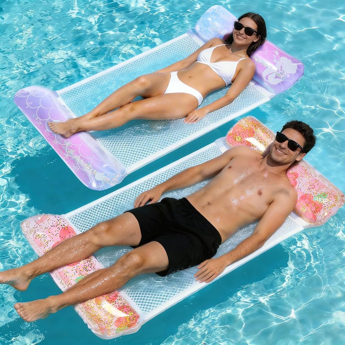 SnelShoppen - 2 Drijvende Zwemmatten voor Volwassenen, Opblaasbare Hangmatten met Net, Ideaal voor Strand en Zwembad, Zeemeerminnen Design, Perfect vo