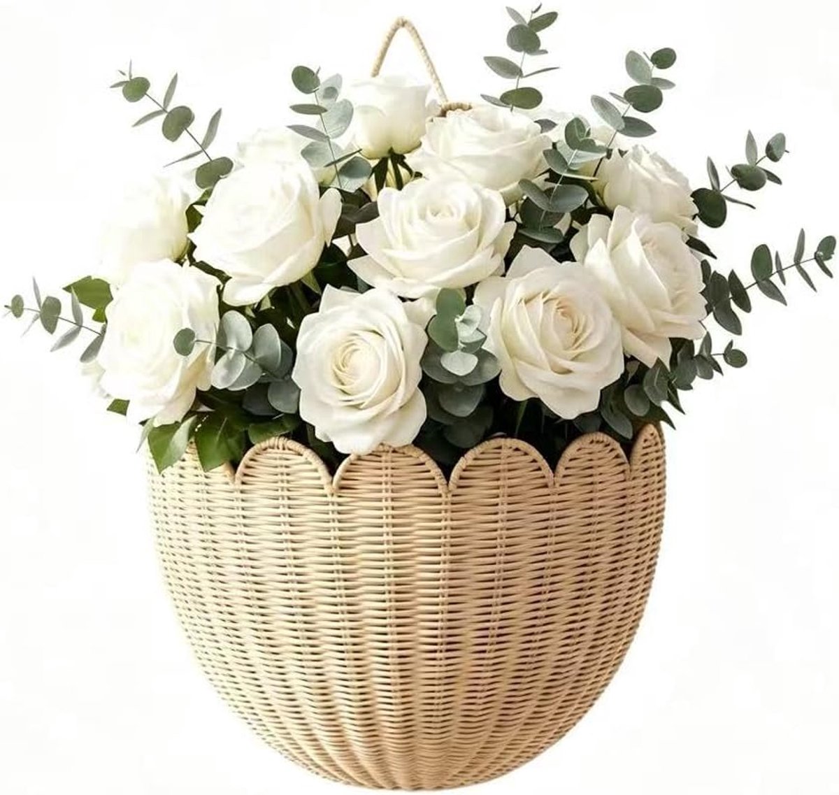 Plantenmand - Plantenmand binnen - Hangende bloemenmand- Wandmand rotan -Wandmand – Handgeweven Rotan Wandmand met Golvende Rand – Decoratieve Opbergmand van Natuurlijk Rotan
