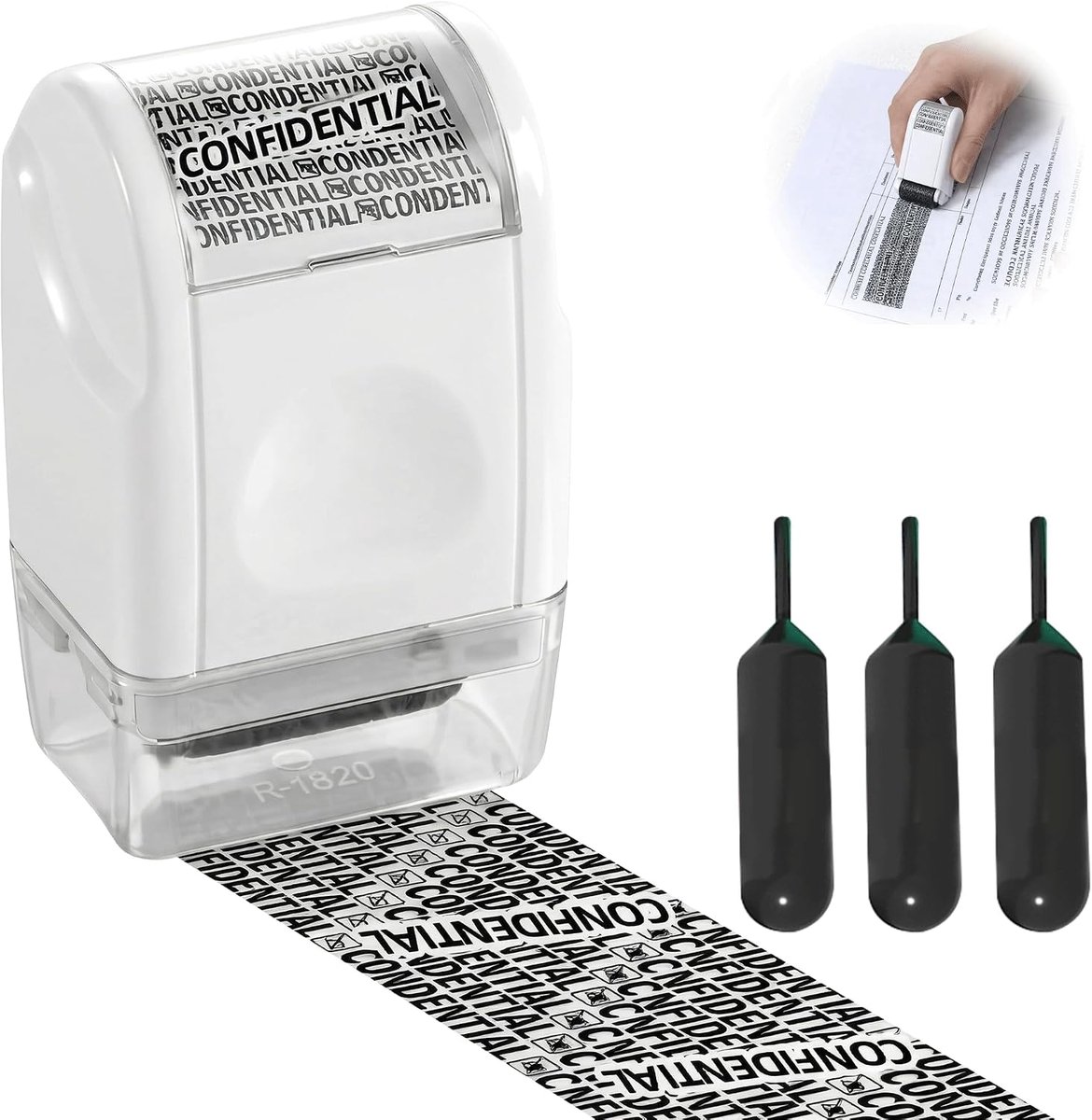rolstempelset, gegevensbescherming met 3 navullingen, niet-giftige inkt, rolstempel voor het verbergen van persoonlijke informatie, wit