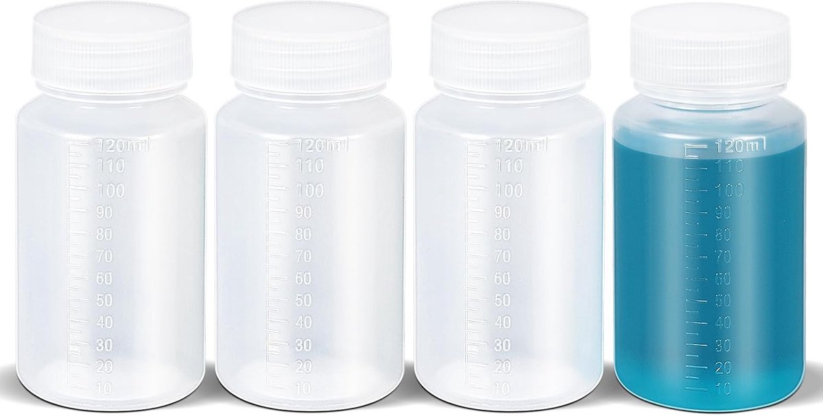 4 stuks geschaalde PP-reageerbuisjes - wegwerpfles voor laboratoriumgebruik, ruime vloeistofbewaarfles met afdichtend deksel, bestand tegen chemicaliën (transparant, 120 ml)