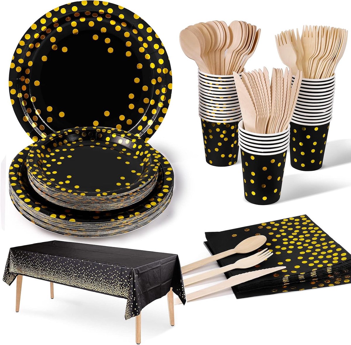 Party Servies, 141 Stuks Zwart Goud Papier Feestservies Set Inclusief Papieren Platen Servetten Papieren Bekers, voor Bruiloft Douche, Betrokkenheid, Bruiloft, Verjaardag -20 Gasten