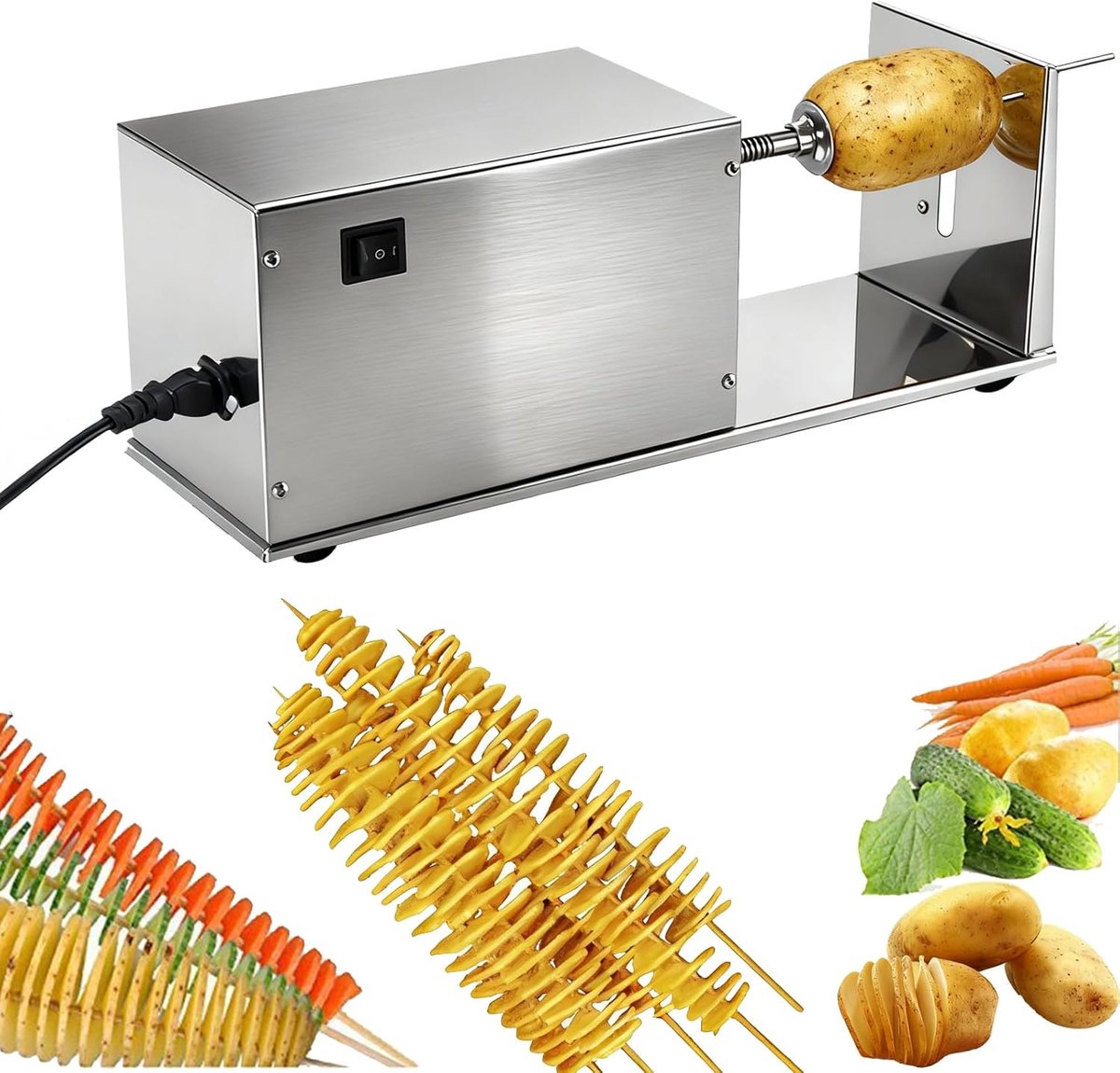 spiraalsnijder, roestvrij staal, spiraalsnijder, elektrische Tornado aardappelsnijder, automatische aardappelspiraalsnijder, voor fruit, aardappelen, komkommers, wortelen, 50 W, 220 V