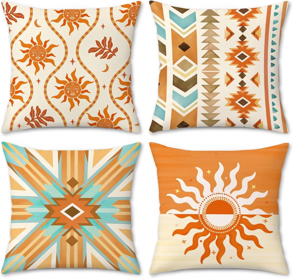 SnelShoppen - Boho Azteekse Kussenslopen Set van 4, 45 x 45 cm, Geometrisch Etnisch Design, Oranje Fluweel, Decoratieve Sierkussens voor Woonkamer en