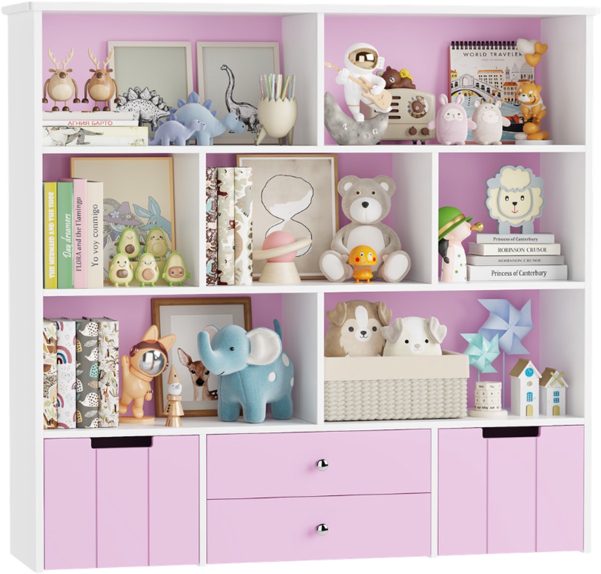 Kinder Opbergkast – Voor Speelkamer & Kinderkamer – Speelgoed Organizer met 7 Vakken, 4 Lades & Wielen – Houten Kinder Boekenkast