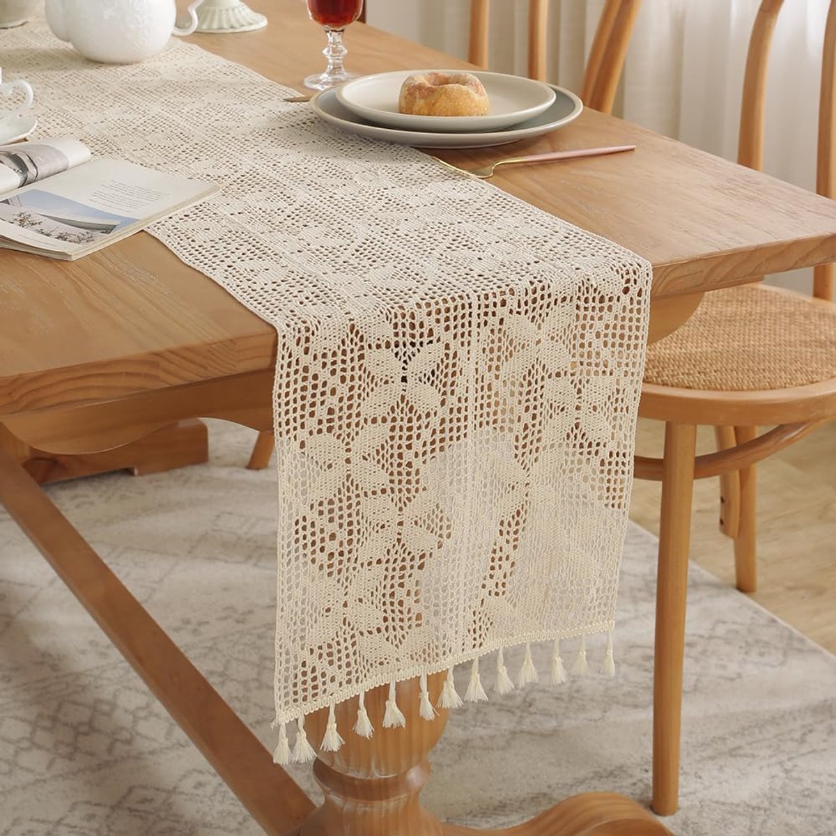 meioro Gehaakte tafelloper, 30 x 147 cm, kant, boho, tafellinnen, klassiek, beige, bruiloft, tafelkleed, vintage, tafeldecoratie, voor keuken, eten, vakantie, feest, decoratie, tafelloper