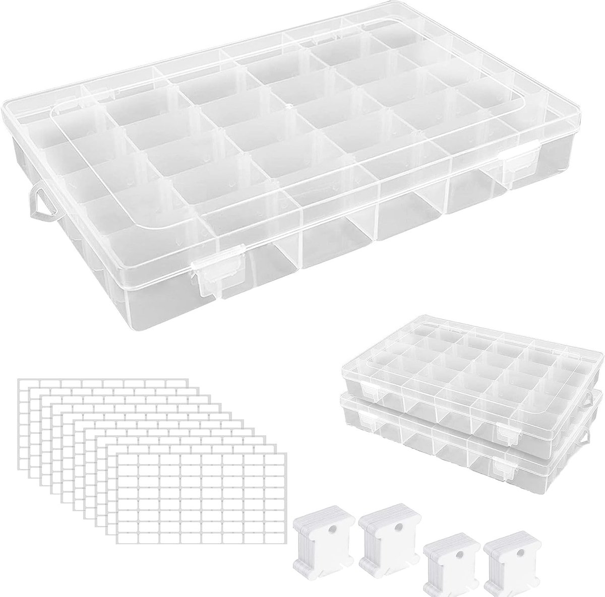 2Pack 36 Grids Plastic Borduurwerk Floss Opbergdoos | Kruissteek opbergdoos met 200 floss klossen, 8 vel blanco stickers