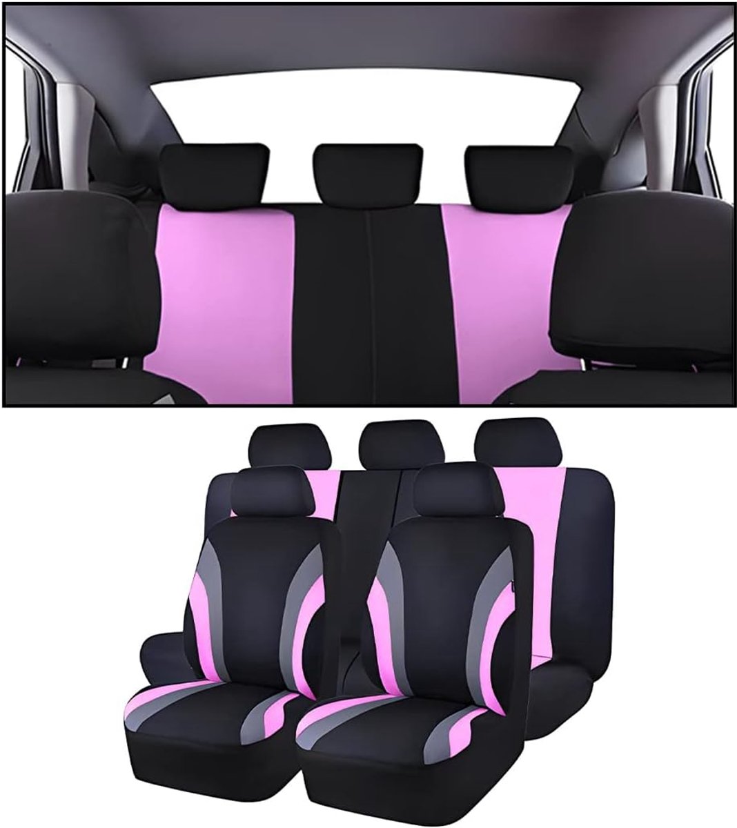 Set van 9 autostoelhoezen, complete set, autobeschermhoes voor stoel met hoge rugleuning, universele stoelhoes, perfecte bescherming, voor de meeste auto's, bestelwagens (Roze)