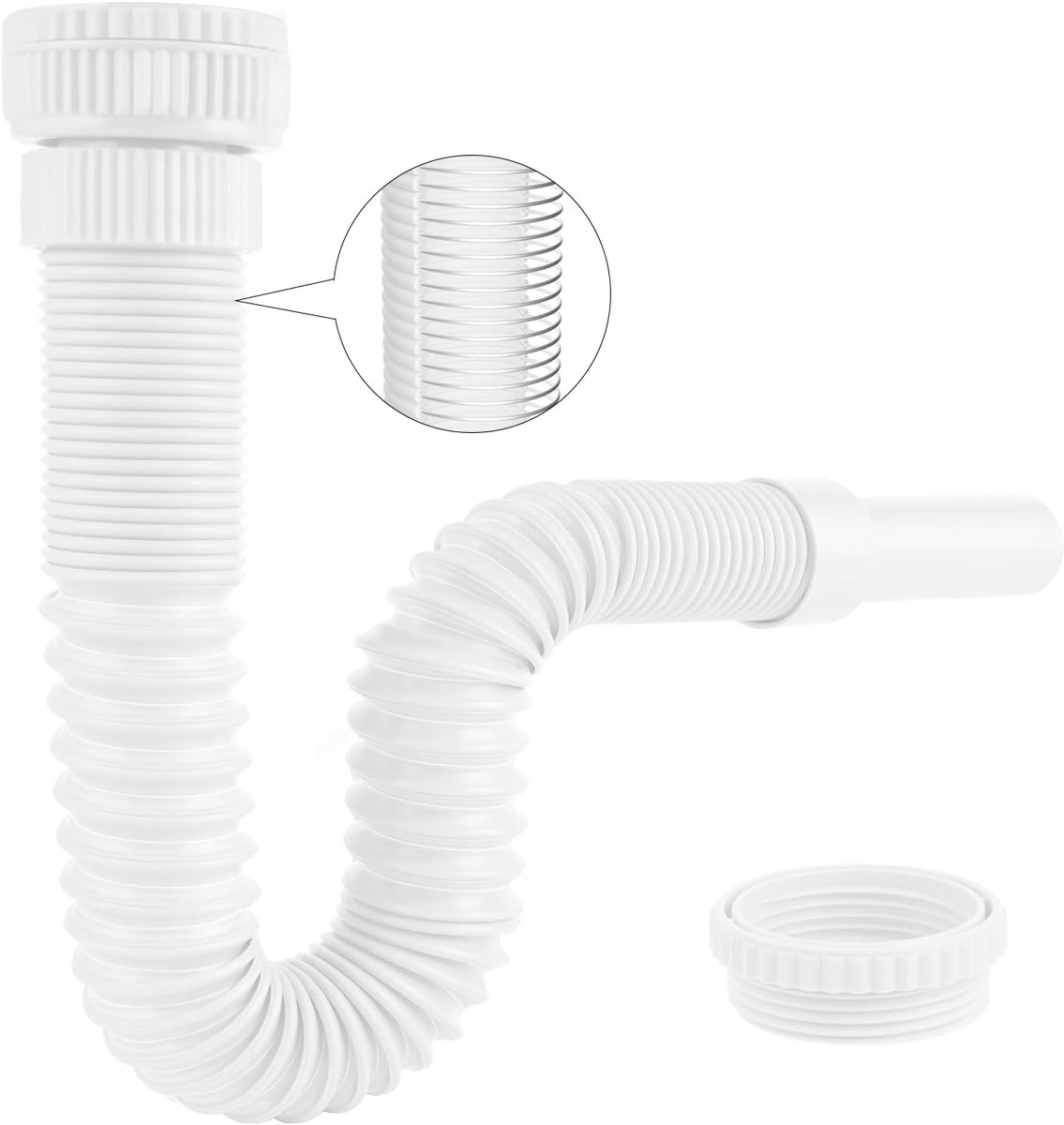 Flexibele afvalpijp met versterkte staaldraad en adapter, past op 1 1/4" & 1 1/2" gootstenen, geurbestendige gootsteenval/P-val voor badkamer en keuken, wit