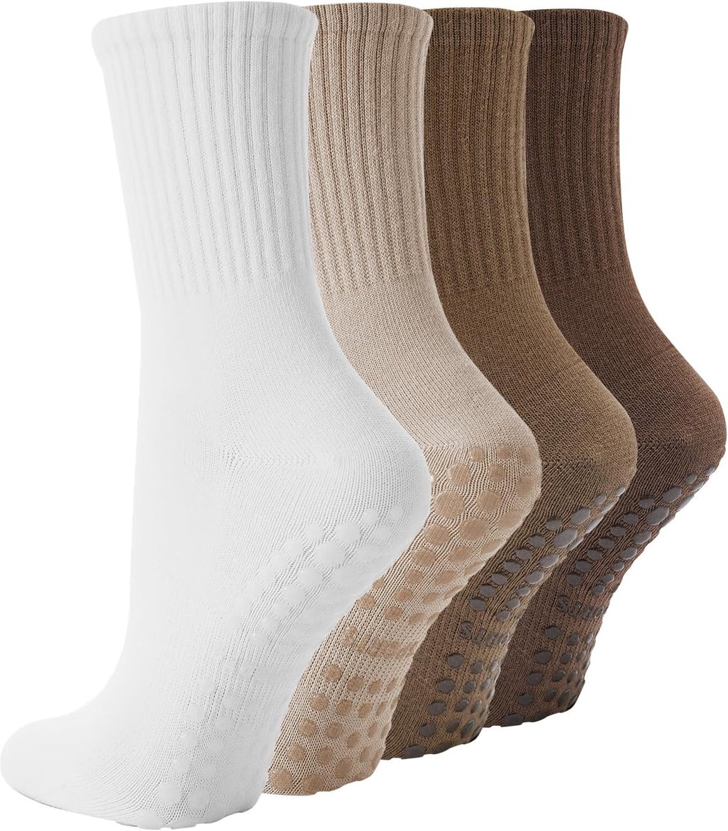 SnelShoppen - Pilatessokken Dames Antislip met Noppen (4 Paar) - Rutschsokken voor Zwanger, Comfortabel en Veilig voor Yoga en Fitness
