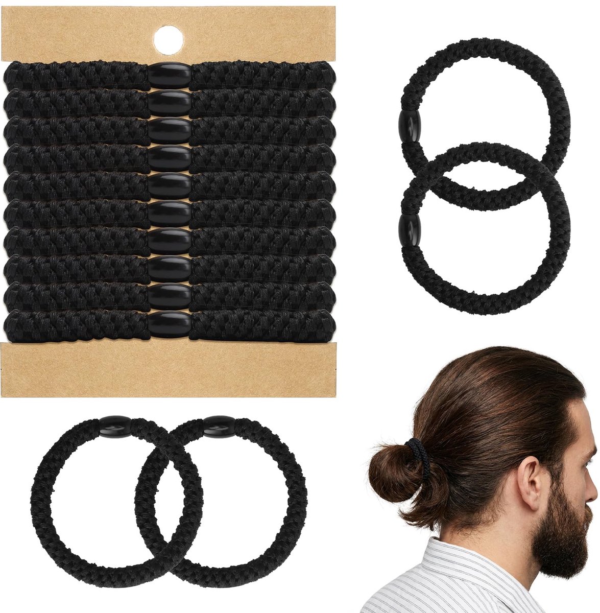 10 stuks haarelastiekjes voor heren, zwart van scheurbestendig nylon met 4-weg stretch haarband voor heren, voor sport, dagelijks gebruik, haarelastiekjes voor mannen, als armband voor knot