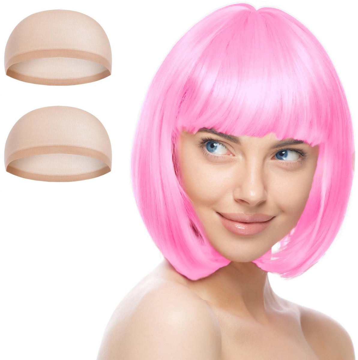 Haarnetje, kleurrijke neon-bob-pruik, ponypruik, haarstukjes, cosplay voor nachtclub/dansen/carnaval/themafeest, Halloween-decoraties (platina/B)