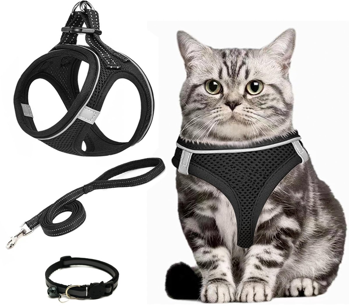Kattentuig, ontsnappingsbestendig, kattenharnas met riem, anti-ontsnappingsharnas, halsbanden en lijnen voor katten, ademend, reflecterend, serviesset voor outdoor training, lopen (XS)